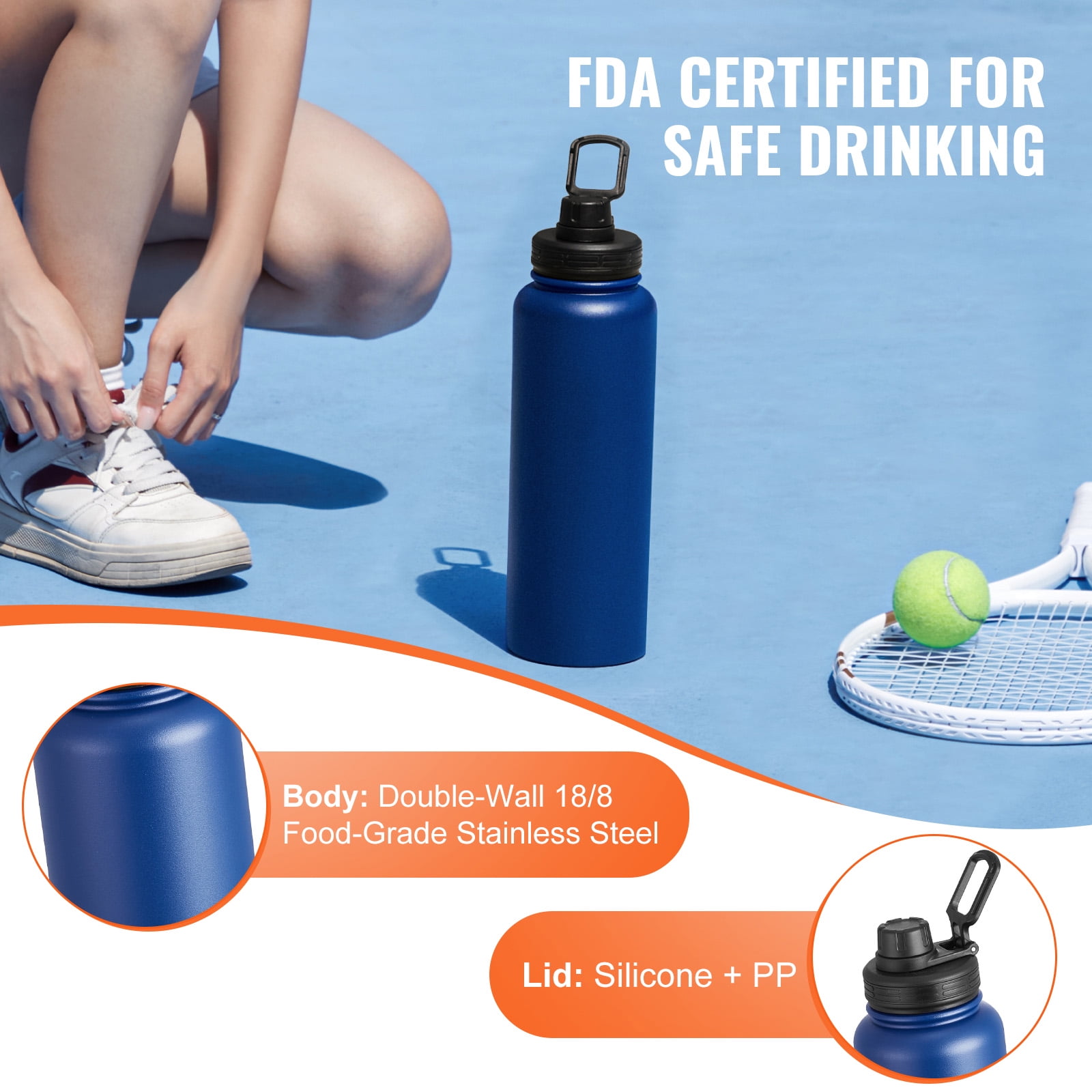 KFFKFF 40 oz Hydration Vessel, Stainless Steel Flask for Camping & Hiking, Wide Mouth Lid, Double Walled Sports Coffee Mug, Leakproof, Suitable for Indoor/Outdoor Activities, FDA Approved, Blue
