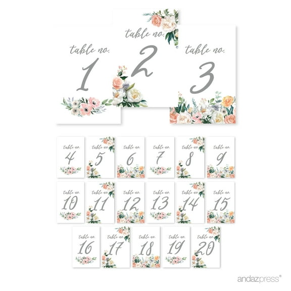 Peach Coral Floral Garden Party, Table Numbers 1 - 20 on Perforated Paper, Single-Sided, 4 x 6-inch, 1 Set