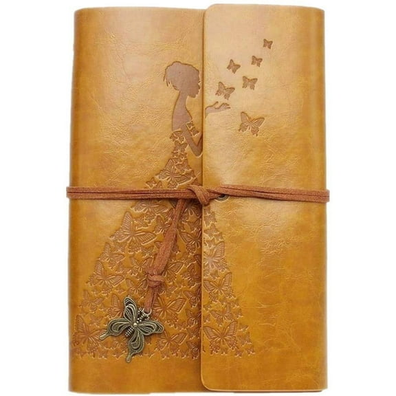 Leather Journal，Vintage Spiral Refillable Notebook Sketchbook Butterfly Journal，Classic Spiral Bound Notebook Refillable Sketch Book for Women Pretty Dairy Gifts(Yellow)