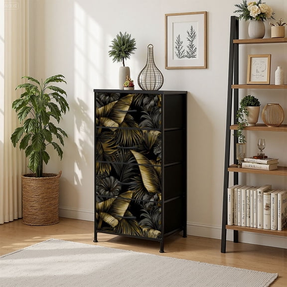 4 Drawer Vertical Storage Dresser Tropical exotic dark golden vintage banana leaves palm with Wood Top Fabric Pull Drawers