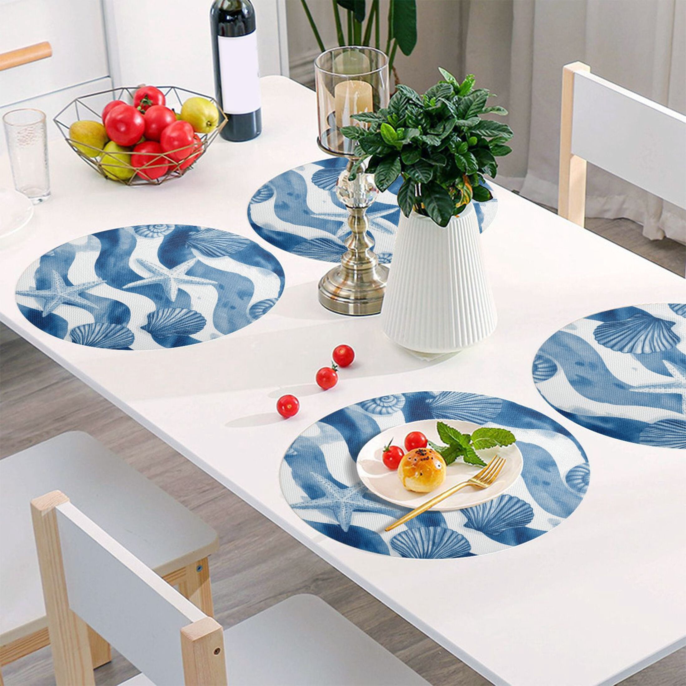 15.4 Inch Round Woven Placemats set of 6 for Dining Table Washable Heat Resistant Table Mats Non-Slip Washable Table Pad for Home Kitchen Decor Blue Watercolor Nautical Seamless Tile