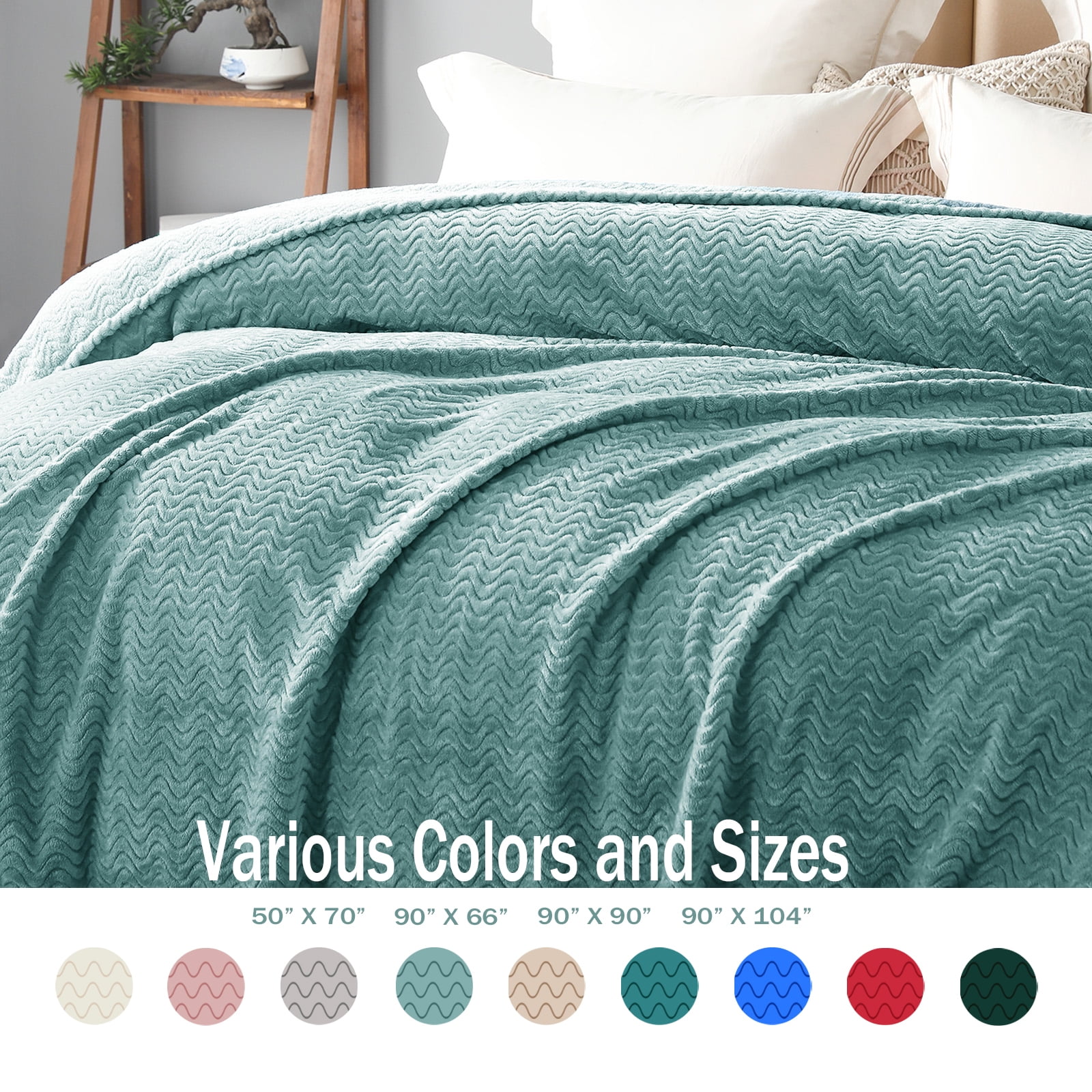 Exclusivo Mezcla King Size Jacquard Weave Wave Pattern Flannel Fleece Velvet Plush Bed Blanket as Bedspread/Coverlet/Bed Cover (90" x 104", Celadon)