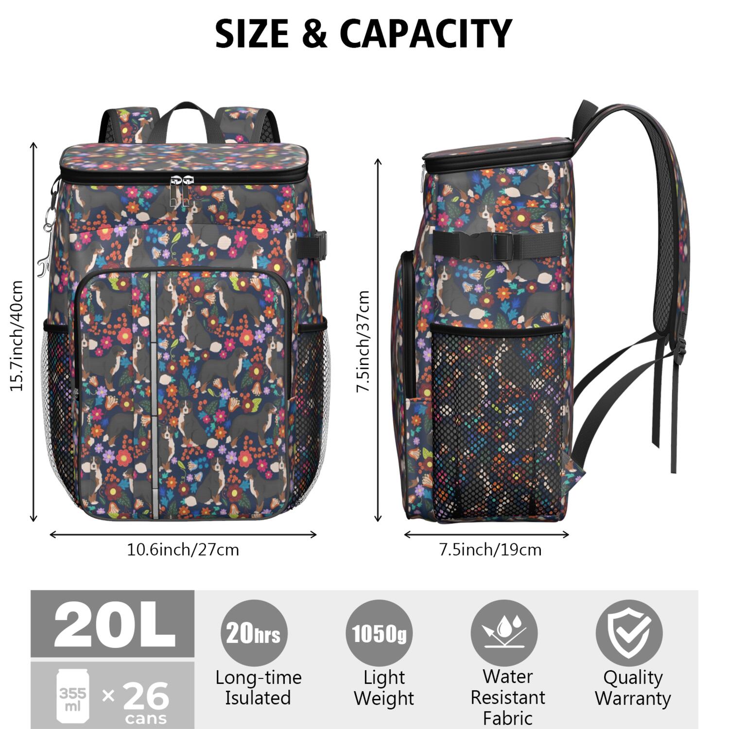Travel Cooler Bag - Bernese Mountain and Flower Camping Beer Cooler Backpack with Bottle Opener- Waterproof Insulated Picnic Backpacks - Cooler Bag for Beach