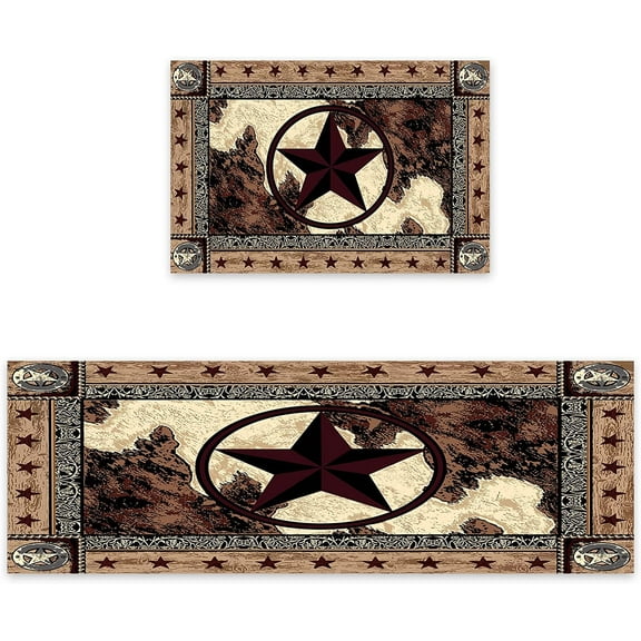 Kitchen Rugs Sets 2 Piece Floor Mats Western Texas Star on Wood Panel Rustic Doormat Vintage Style Texas Star Pattern Area Rugs Washable Runner Carpet Set Non Slip Kitchen Rugs and Mats