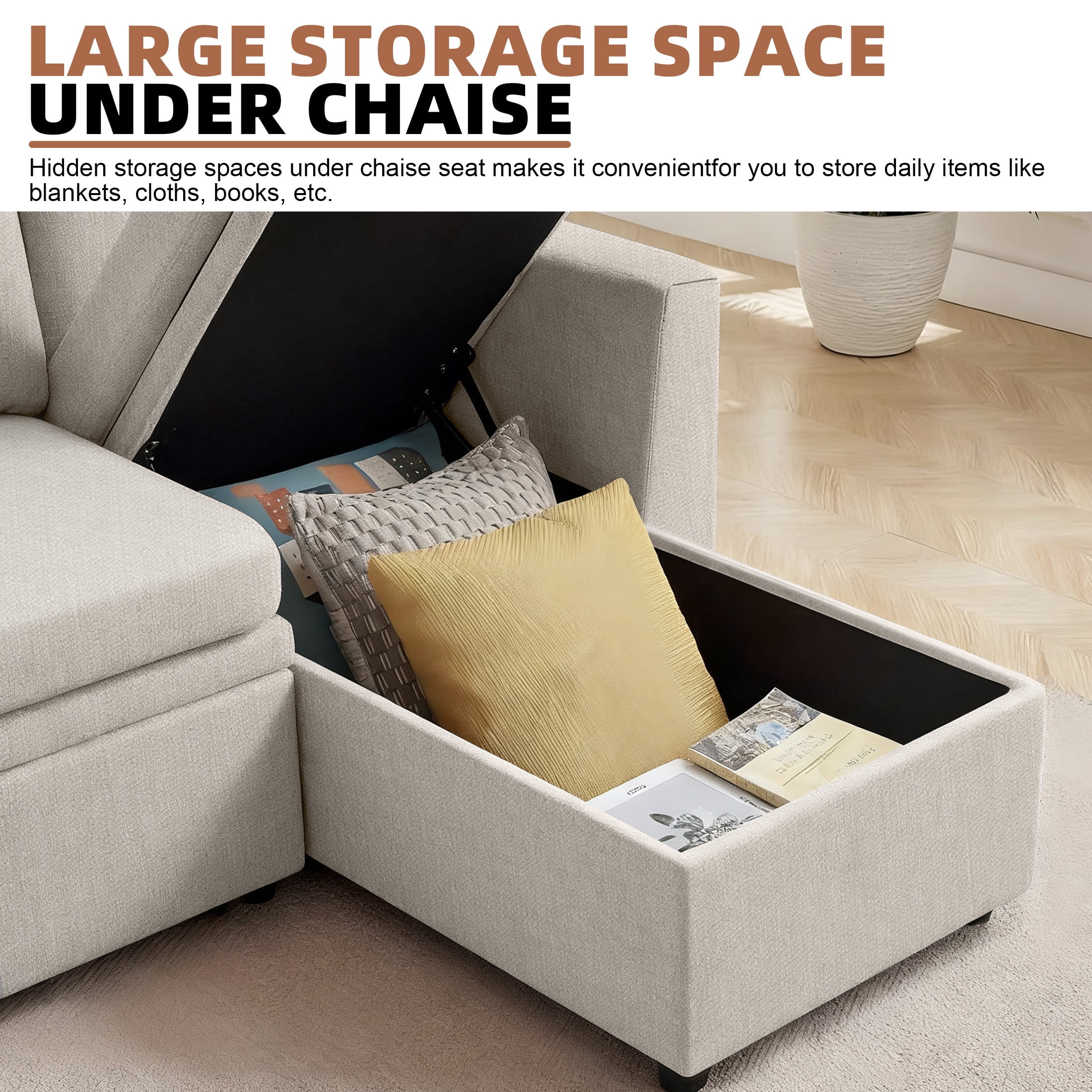 Aukfa Pull-Out Sleeper Sofa Bed with Storage Chaise, Reversible Loveseat for Living Room, Linen, Beige