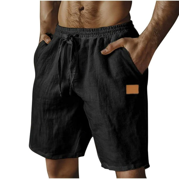 Pantalones Cortos para Hombre de Cintura Elástica con Bolsillos, Algodón de Color Sólido Y Cordón de Lino para la Playa, el Uso Casual Y Diario