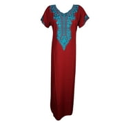 Mogul Womens Indian Maxi Caftan Nightwear Embroidered Neck Cotton Sleepwear Short Sleeve Evening Holiday House Dress Comfy Kaftan