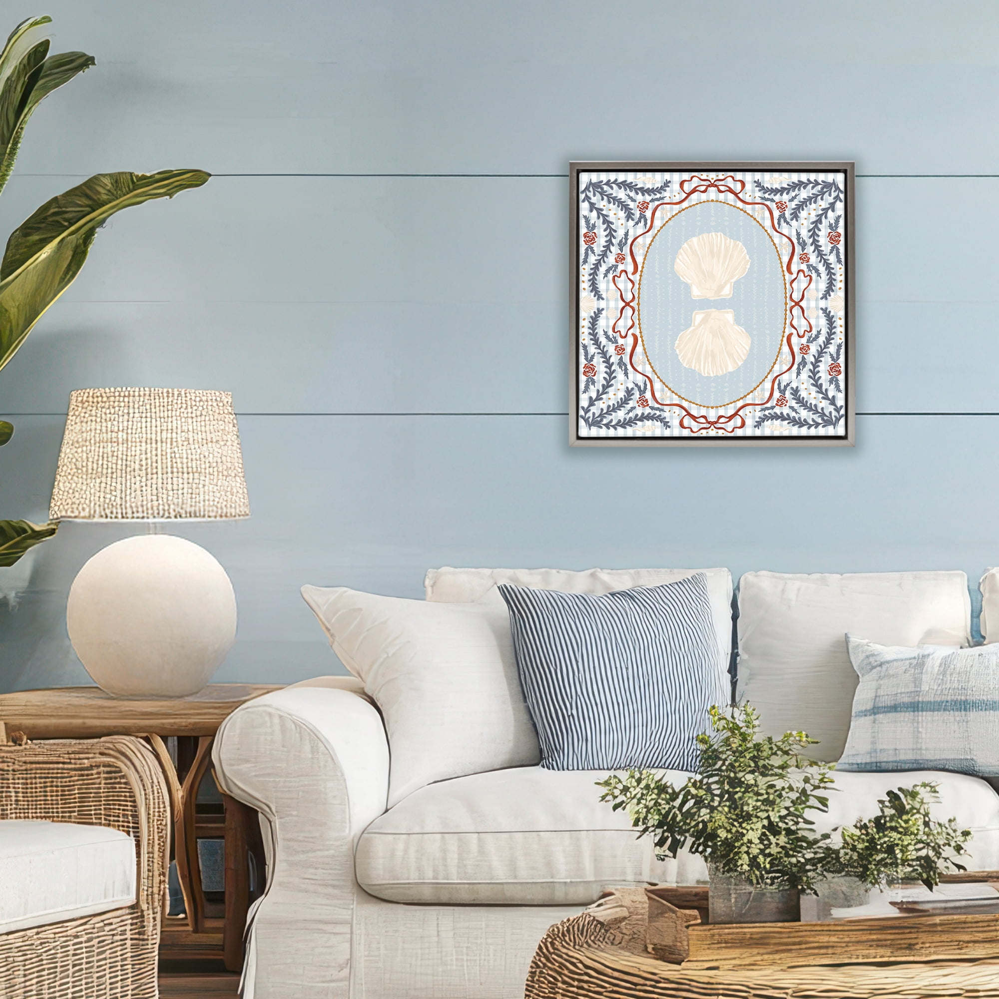 Stupell Industries Shells Portrait on Gingham Gray Framed Floater Canvas Wall Art, design by Vero Illustrates