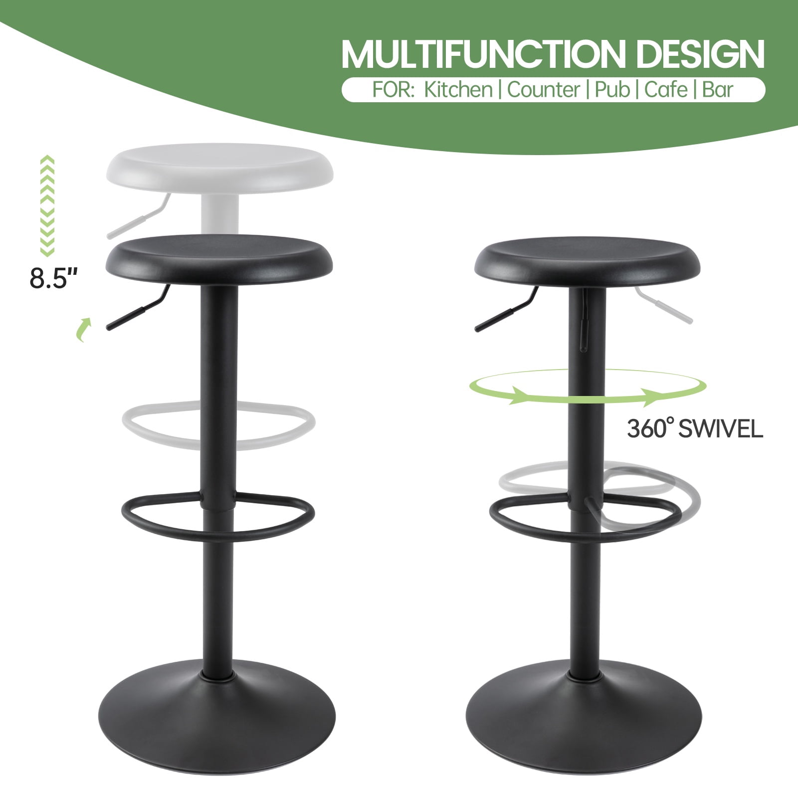 Single Black Bar Stool, Adjustable 360° Swivel Counter Height Bar Stool, Industrial Backless Metal Bar Chair for Kitchen Island with Footrest