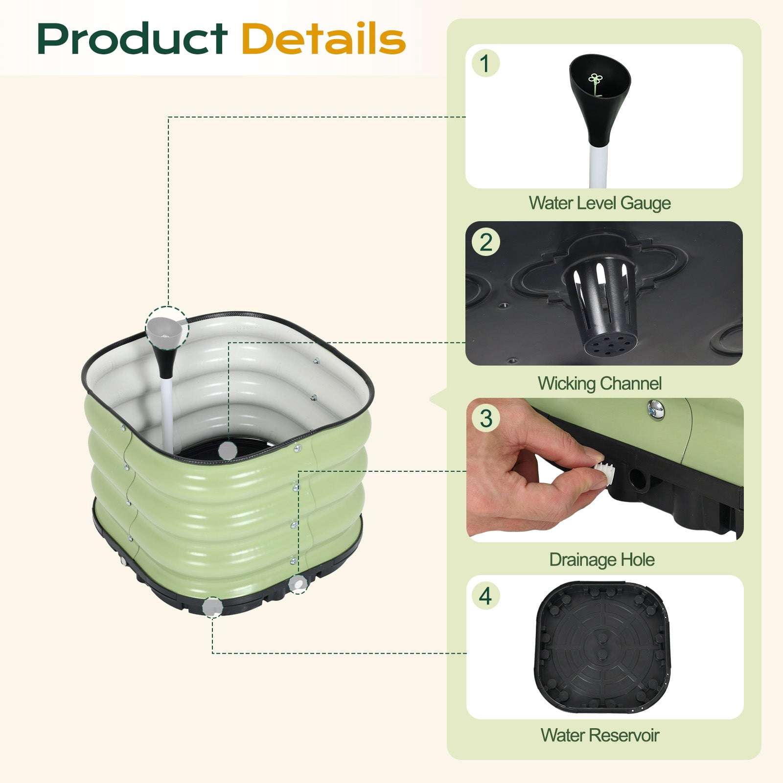 Aoodor 16.5" Galvanized Self-Watering Raised Garden Bed with Drainage-Green