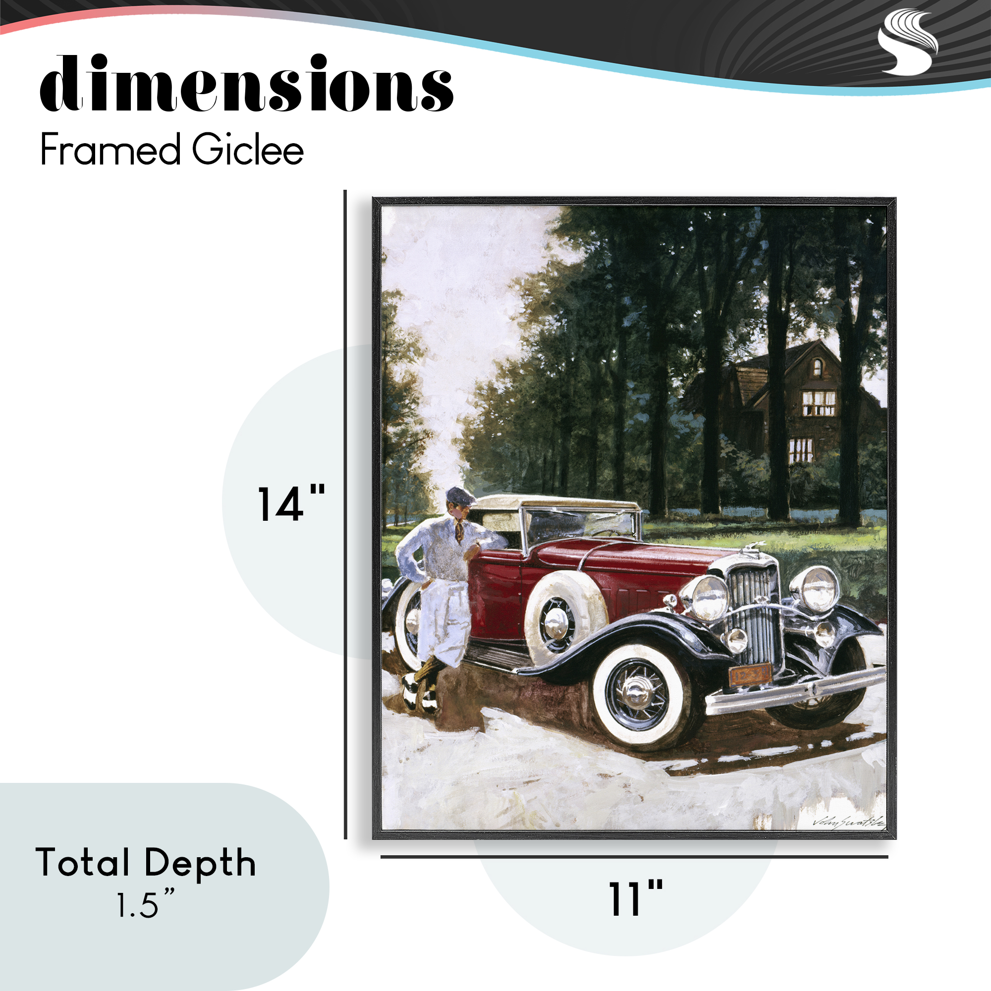 Retro Convertible Coupe & Driver Black Framed Giclee Art, design by Wind River Studios