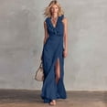thumbnail image 2 of Ahabrexf Wedding Guest Dresses for Women, V Neck Ruffled Sleeveless Side Ruched High Slit Maxi Dress for Evening Party and Wedding, 2 of 9