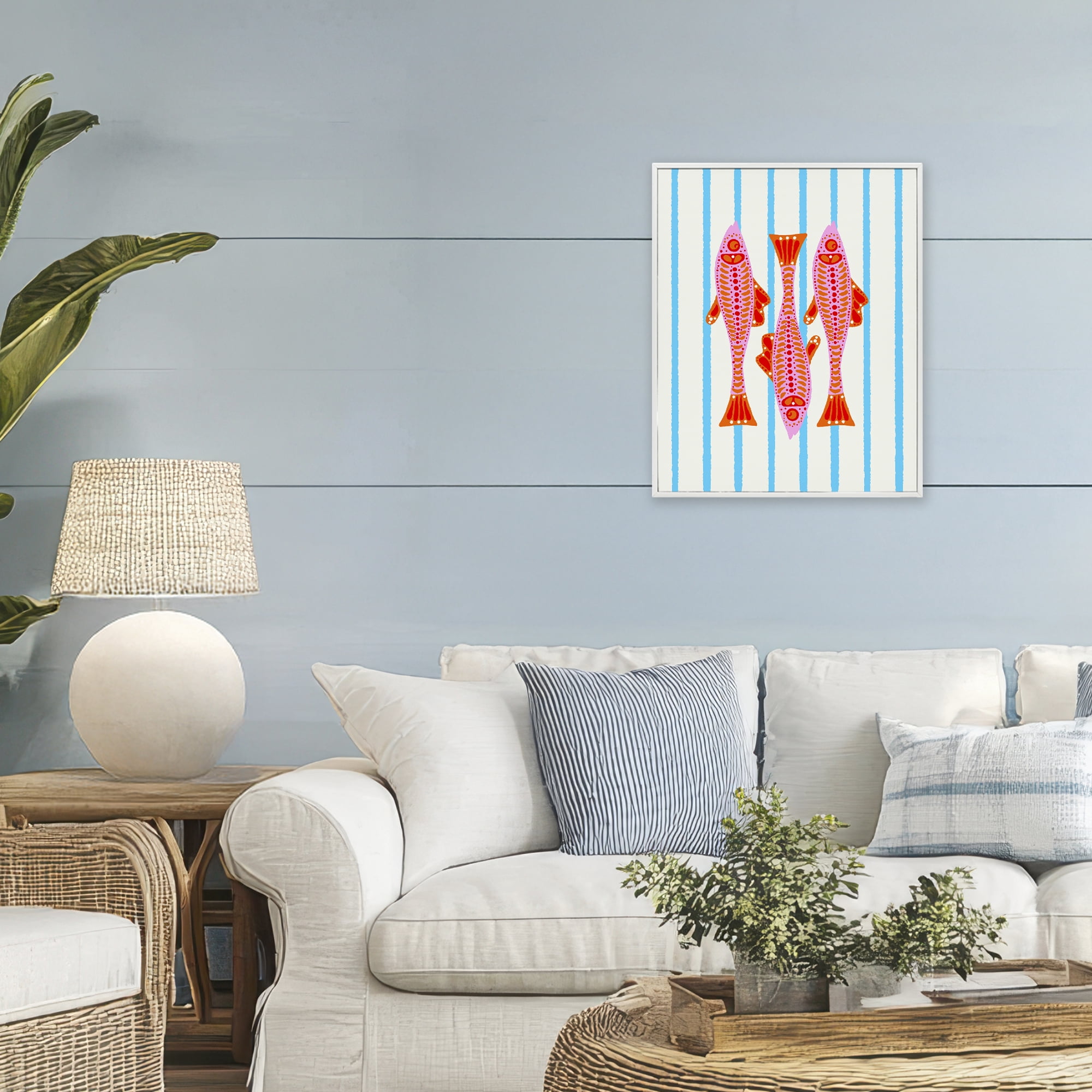 Stupell Industries Bright Aquatic Fish on Stripes White Framed Giclee Art, design by Indira Prieto | IndySign