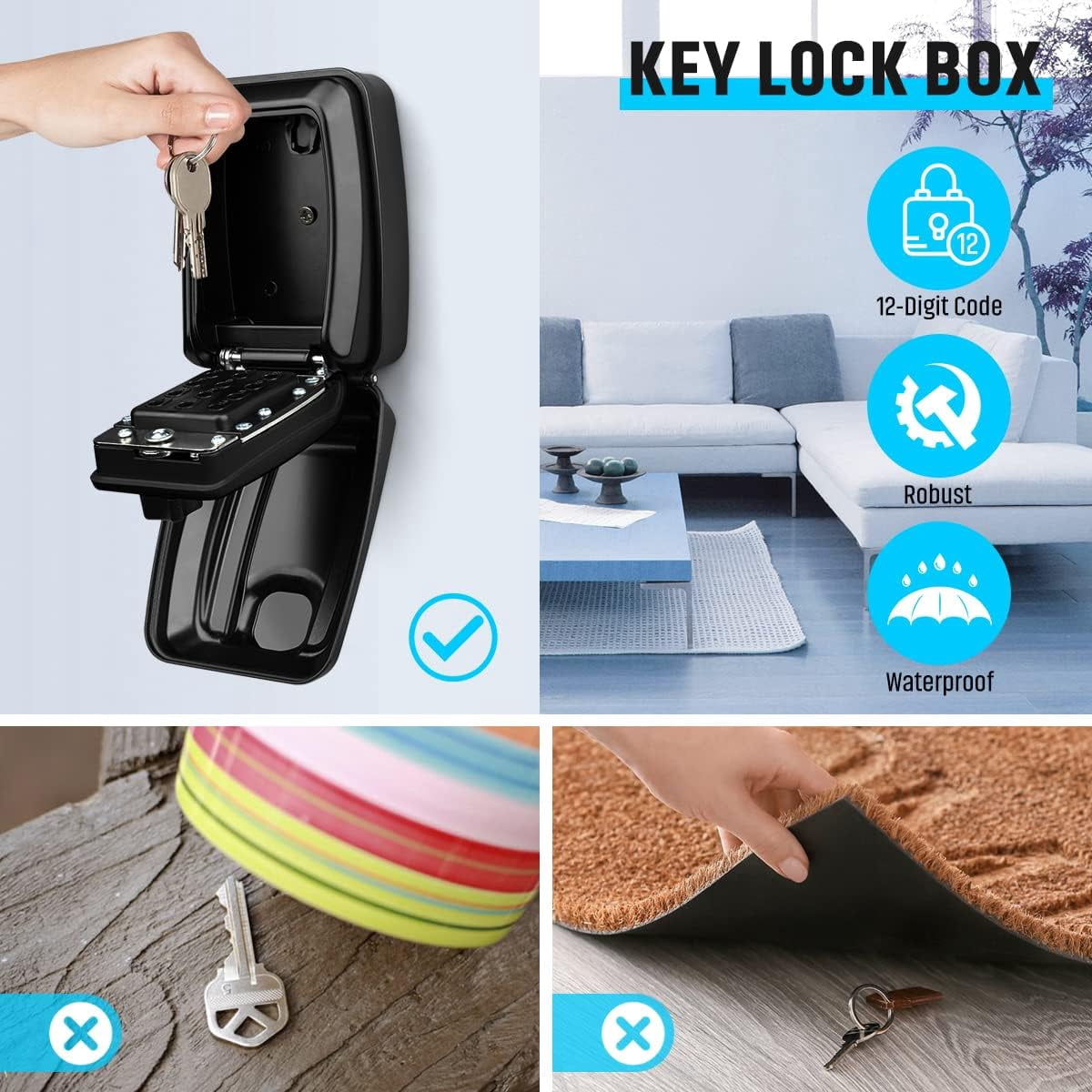 Key Lock Box for Outside, Waterproof Wall Mount Key Lock Box for House Key, 12-Digit Combination Resettable Large Capacity Security Lockbox for Home, Garage, Office,Black