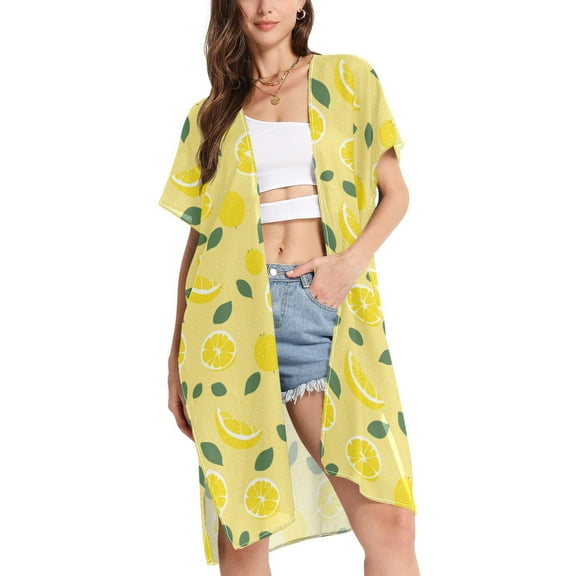 joogoo Women's Lemon Beach Cover Up Kimono Swimsuit Summer Cardigan Swimwear S