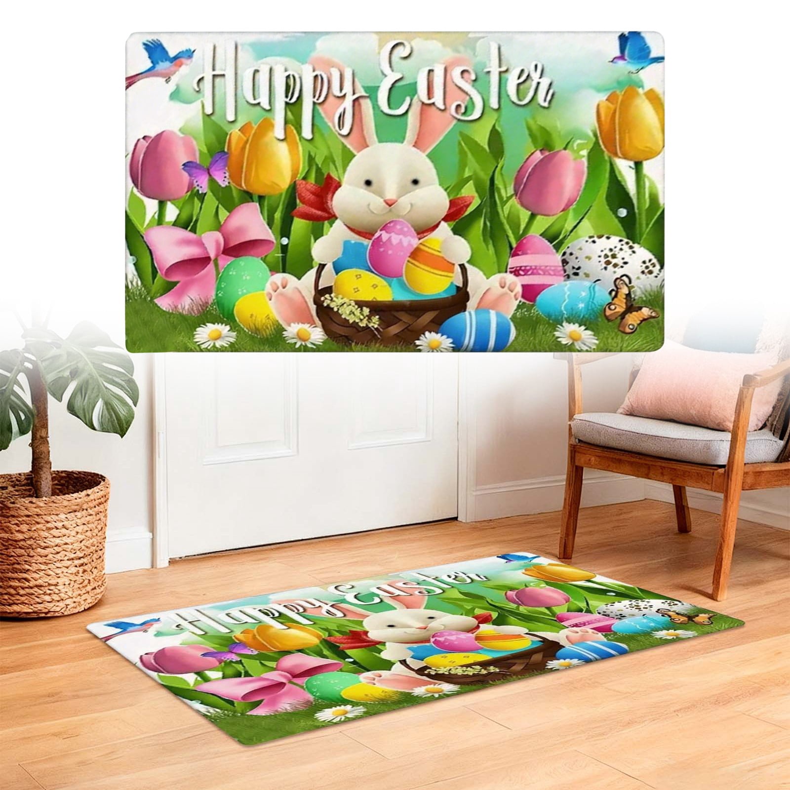 16" x 24" Happy Easter Spring Kitchen Floor Rug Easter Doormat Easter Rug Kitchen Mats for Floor Easter Bunny Kitchen Rug Easter Kitchen Mats for Floor Easter Kitchen Rugs