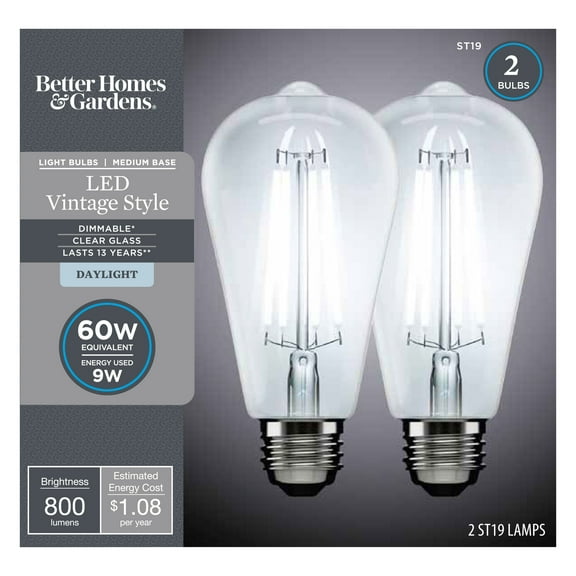 Better Homes & Gardens LED Vintage Light Bulb, ST19, 40 Watts, Soft White, E26, Dim-2 Pk