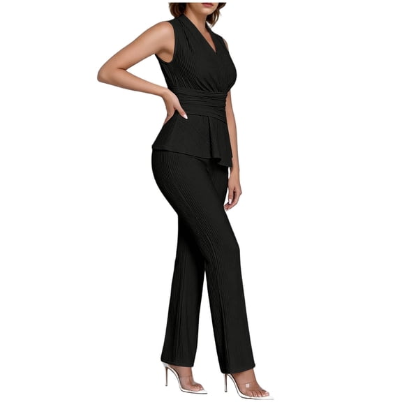 Mifsaly 2 Piece Sets for Women Summer Dressy Casual Work Office Matching Outfits Textured Sleeveless V Neck Wrap Peplum Top and Straight Leg Pants Black,XL