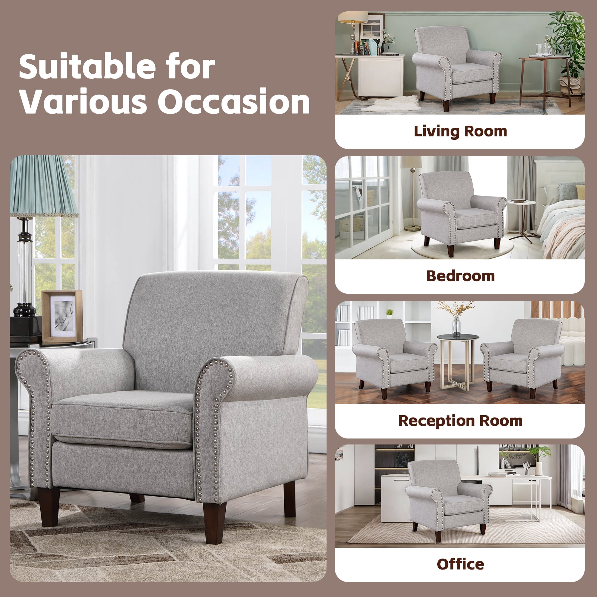 TrumanPick Accent Chairs Fabric Living Room Chairs Armchair with Nail-Head Trim Cozy Sofa Chair for Bedroom, Grey
