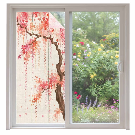 Weeping Cherry Window Privacy Film Rustic Pink Hanging Flower Brown Branch Linen Texture Decorative Glass Window Film UV Blocking Static Cling Sticker Covering for Home Door 35.4x78.7 inches