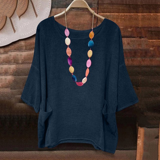 Chemises en Lin pour Femmes Manches 3/4 Col Rond Mode Été avec Poches Blouses Décontractées Tunique Coupe Ample Chemises de Plage Décontractées