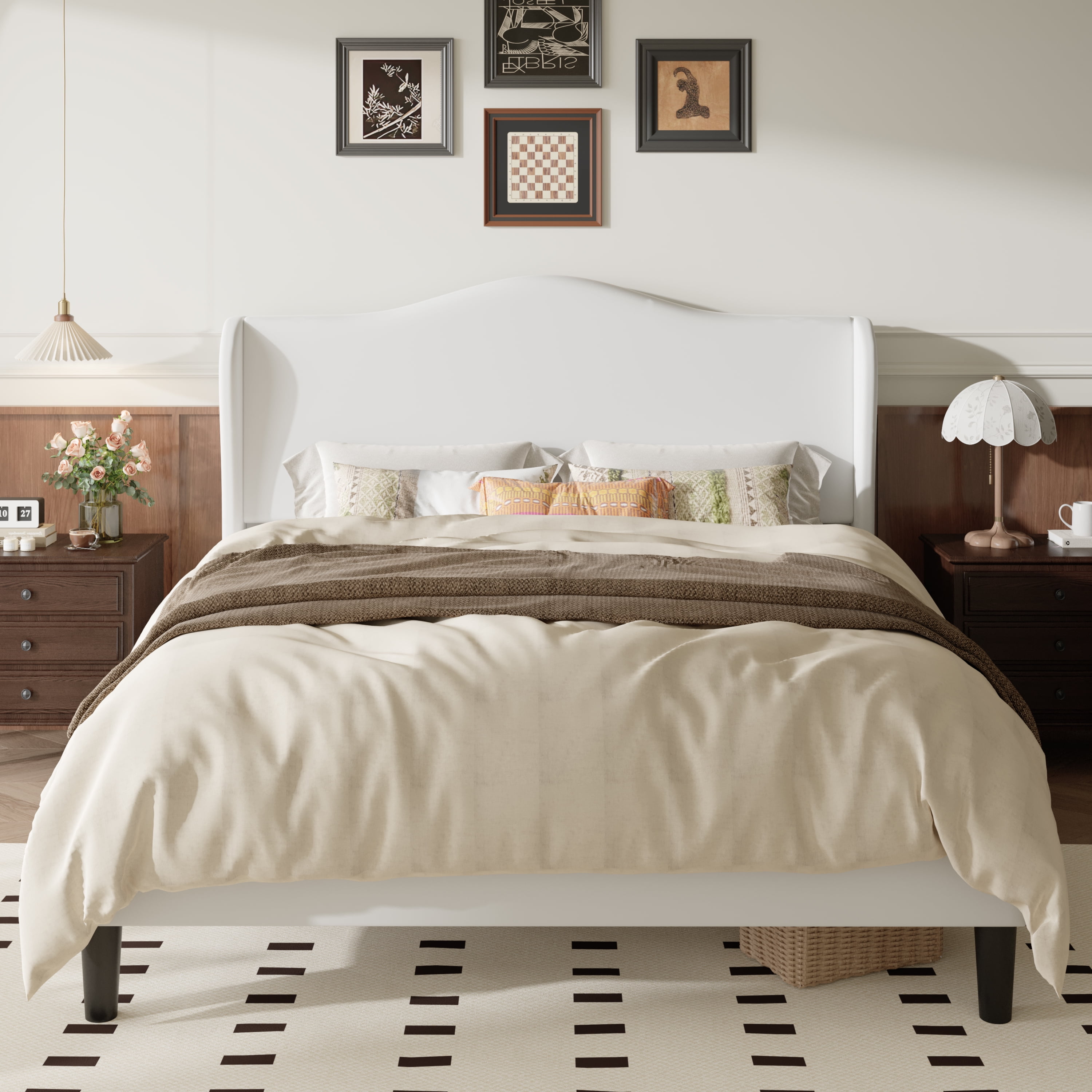 Amolife Queen Bed Frame with Velvet Upholstered Wingback Headboard, Personalized Platform Bed, No Box Spring Required, White