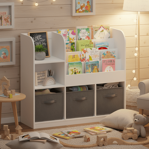 Homy Casa Kids Bookshelf & Toy Storage Organizer with Fabric Bins, Low Bookcase for Playroom