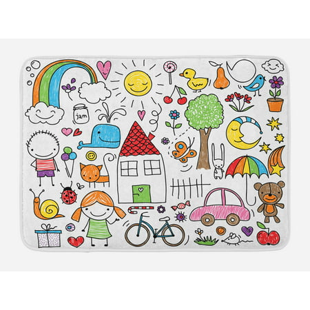 Doodle Bath Mat, Simple Childlike Drawing of House Girl and Boy Teddy Bear and Various Other Things, Non-Slip Plush Mat Bathroom Kitchen Laundry Room Decor, 29.5 X 17.5 Inches, Multicolor, (Best Thing To Put In The Bath For Chickenpox)