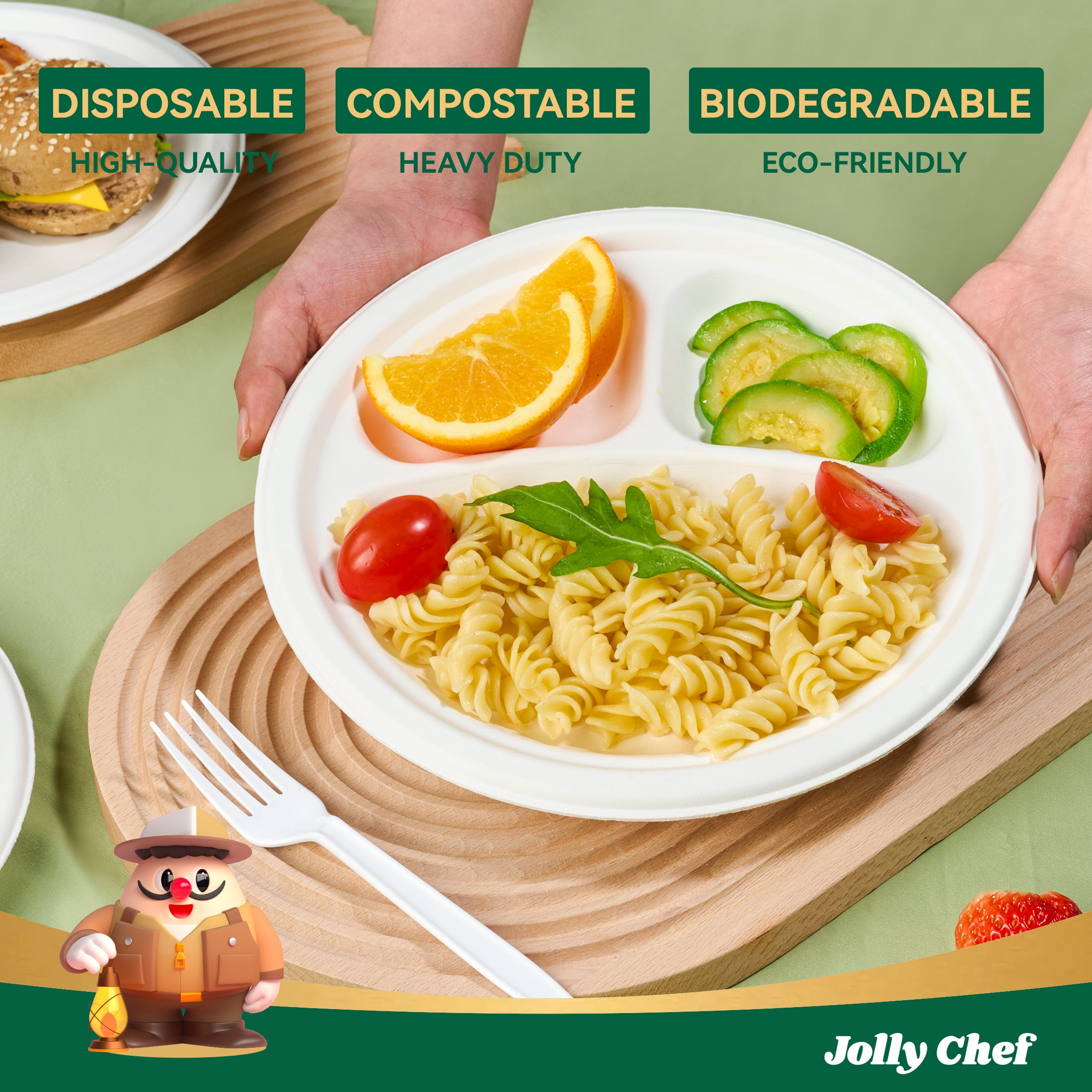 JOLLY CHEF 120 Pack Compostable 3 Compartment Plates, Heavy-Duty Disposable Biodegradable Paper Plates, 9 inch Eco-Friendly Sugarcane Bagasse Divided Plates for Dinner