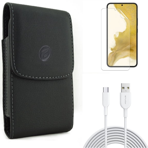 Matte Screen Protector & Case Belt Clip & 6ft USB-C Cable for Samsung Galaxy S22 (6.1") - TPU Film Anti-Glare & Leather Holster & Type-C Fast Charger Accessory Bundle