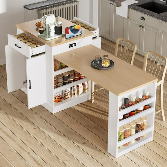 81" Kitchen Island with Extendable Dining Table, Mobile Storage Islands with Power Outlet for 4-6, Island Table with 2 Drawers, 2 Cabinet & 2 Side Open Shelves for Dining Room House Bar (White)