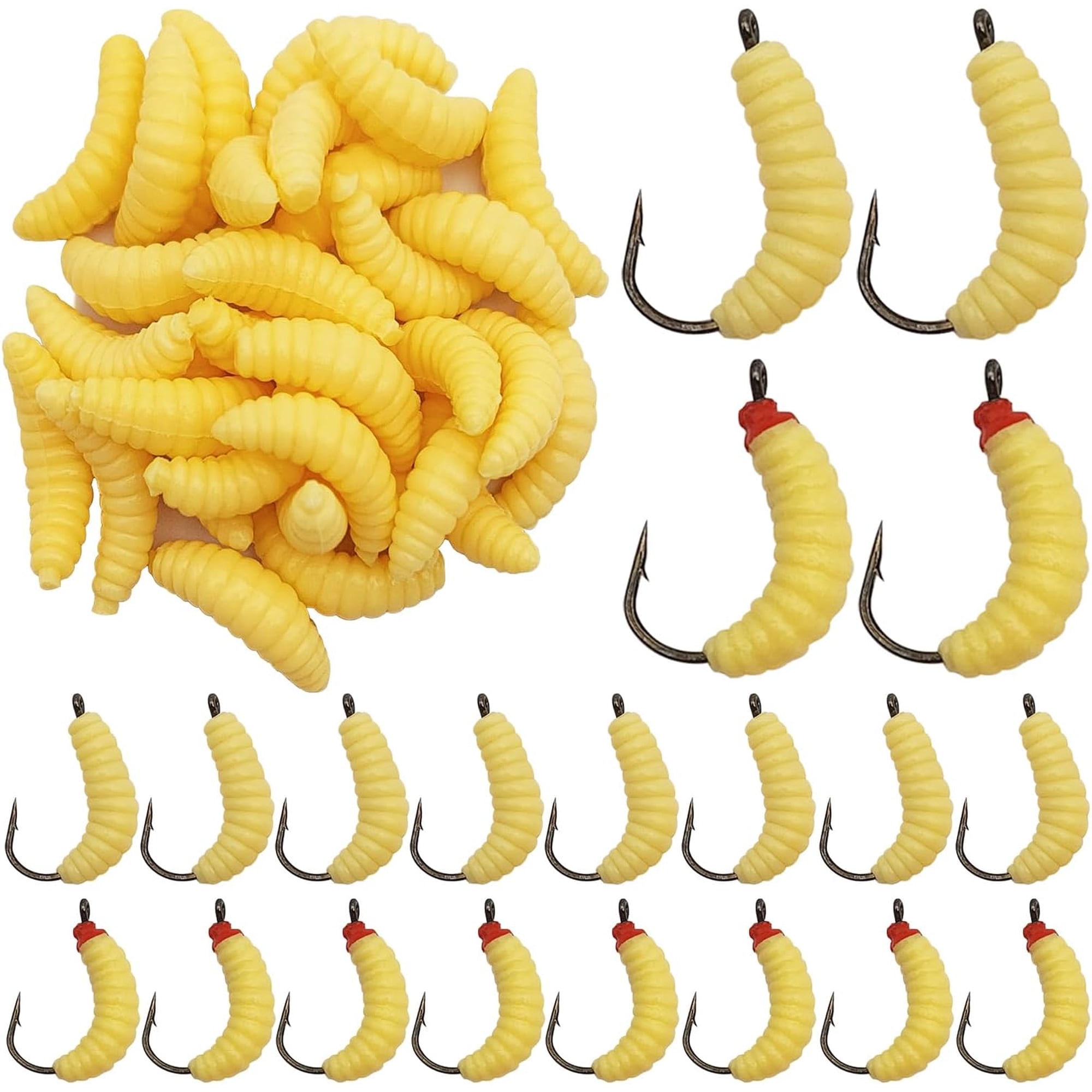 Rubber Maggots Fishing Bait 20 Pcs Fishing Baits with Hooks + 30 Pcs Soft Maggot Bait Bread Worm Fish Lures Worms Bulk FishGrubs for Trout Crappie Pan Fish Bluegill 50 Pack