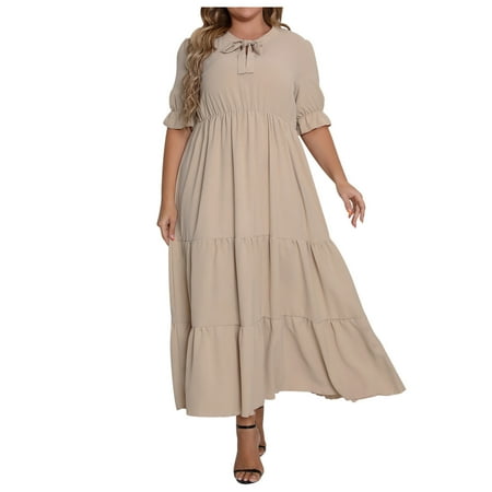 

Women s Puff Sleeve Summer Round-Neck Tie Bow Dress Solid Color Short Sleeve Ruffle Plus Size Maxi Dress