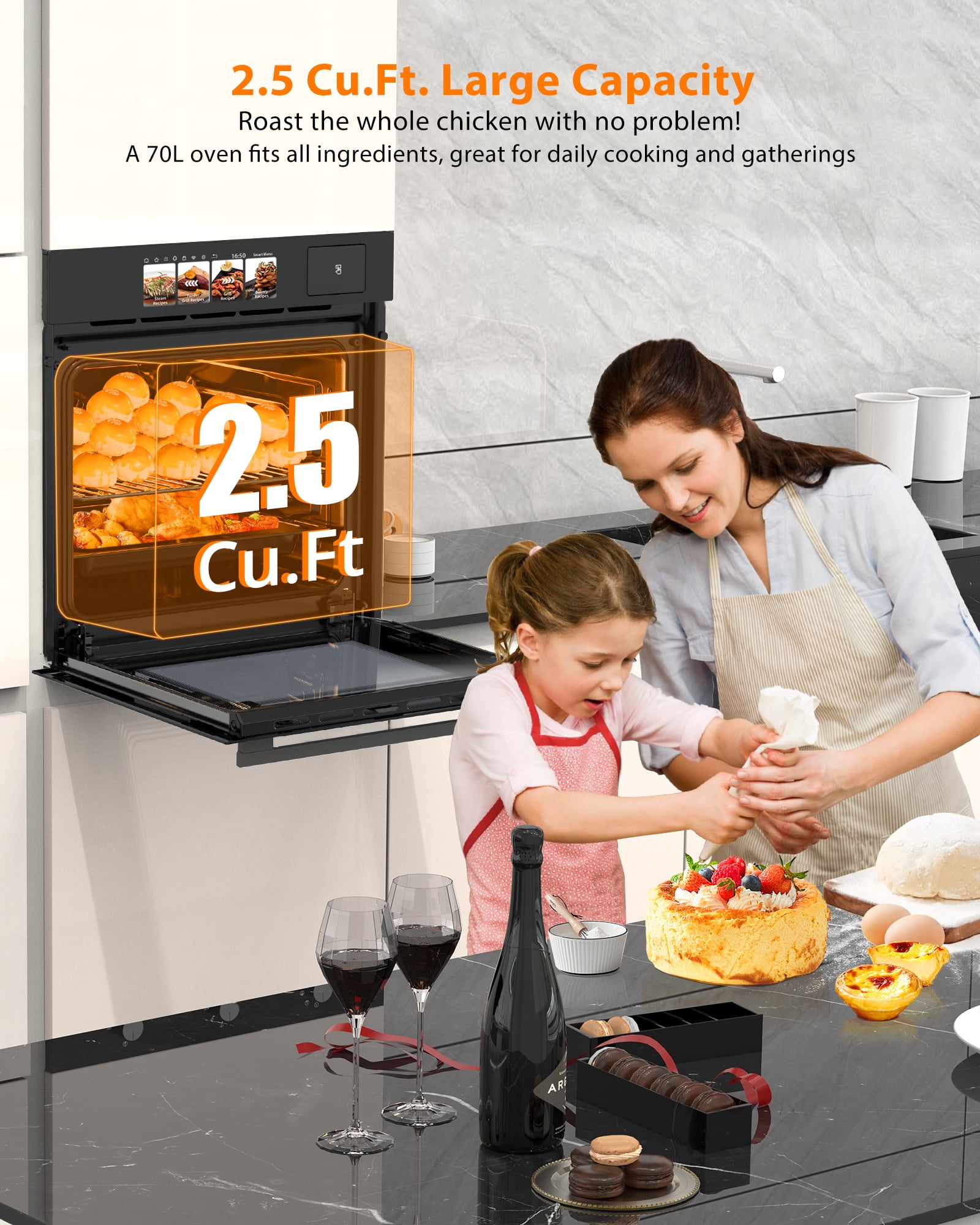 24'' Single Wall Oven, 2.5 Cu.Ft/70 L Electric Wall Oven with 4 Cooking Modes, Smart Recipes, Built-In Touch Control Large Capacity Wall Oven for Kitchen, 3000W, 240V, Black