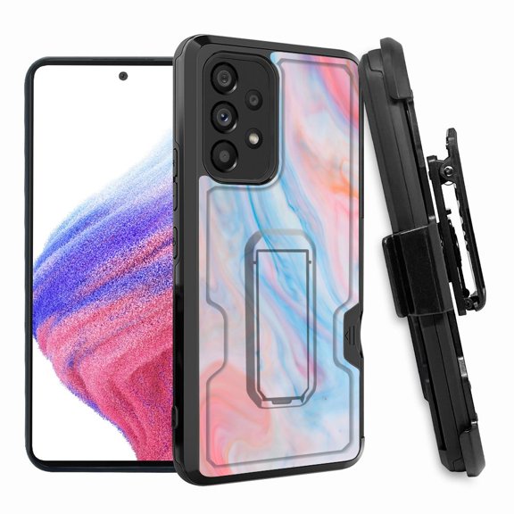 ANJ  Rugged Shockproof Hoster Case w/Card Slot, Kickstand   Tempered Glass Cover for Samsung Galaxy A33 5G - Pastel Marbling