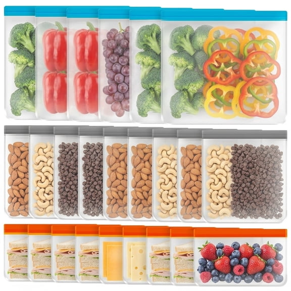 Reusable Storage Bags 24 Pack PEVA Food Grade Gallon Sandwich Snack Ziplock Bags Leakproof Freezer Bags Set for Meat Fruit Meal Prep