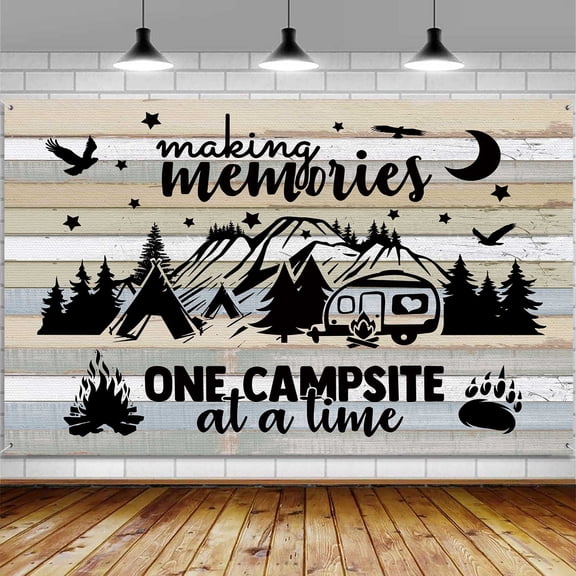 Camping Banner Backdrop, Happy Camper Campfire Forest Themed Large Banner Birthday Party Decorations Supplies, Camp Indoor Outdoor Sign Poster Background Decor 72X44 Inch