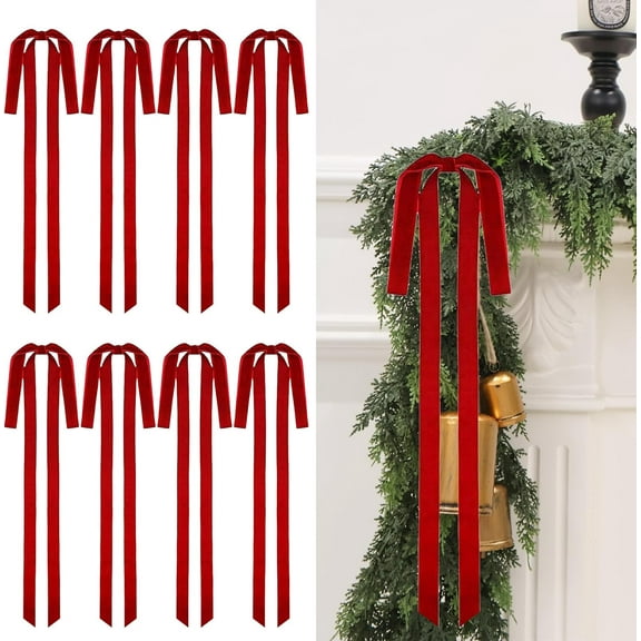 10Pcs 20"x8" Velvet Christmas Tree Bows, Vintage Ribbon Tree Topper Bows, Ornaments for Staircase Garland Wreath Holiday Home DIY Crafts Christmas Decorations( Red )