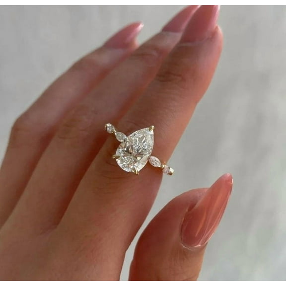 SOLITAIRE JEWELS 3.5Ct Moissanite Solitaire Engagement Ring With Side Marquise Diamond Solid 10K Yellow Gold