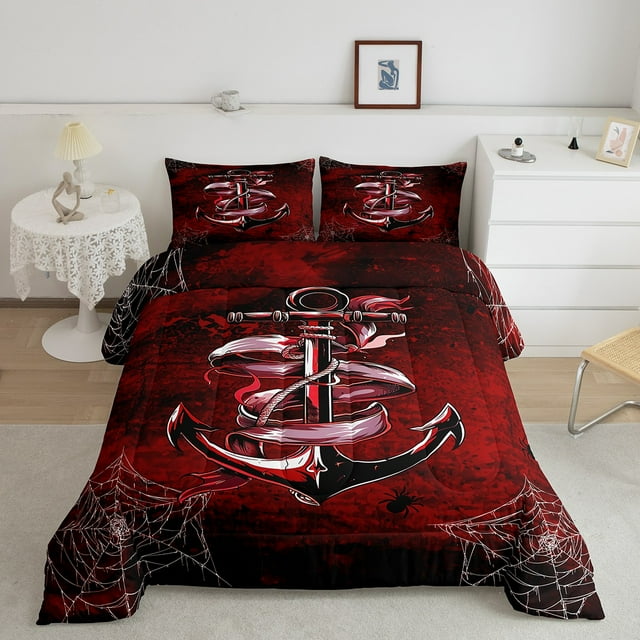 YST Nautical Anchor Comforter Set, Queen, Ocean Beach Theme, Gothic Spider Web Red Black Ombre