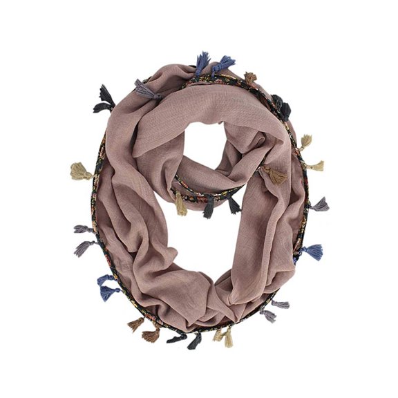Mauve Jersey Knit Circle Scarf With Multicolor Tassels
