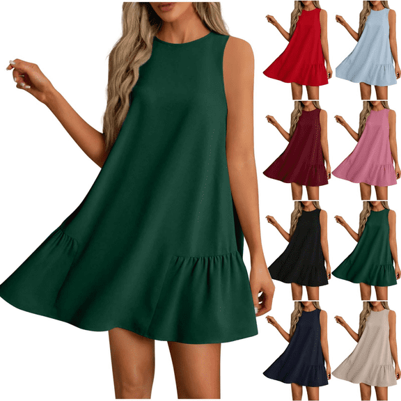 Womens Summer Dresses Sleeveless Crewneck Pleated Hem Mini Dress Flowy A-Line Solid Color Casual Sundress Beach Holiday Dress