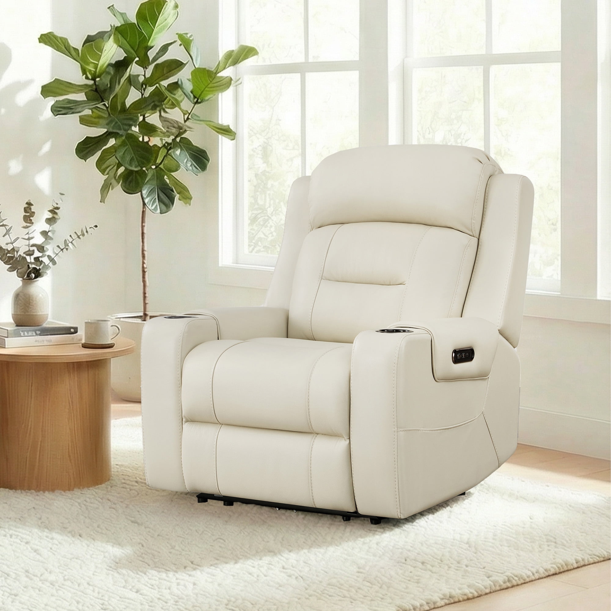 Spruce & Spring Lay-Flat Genuine Leather Power Recliner Chair with Headrest, Cream