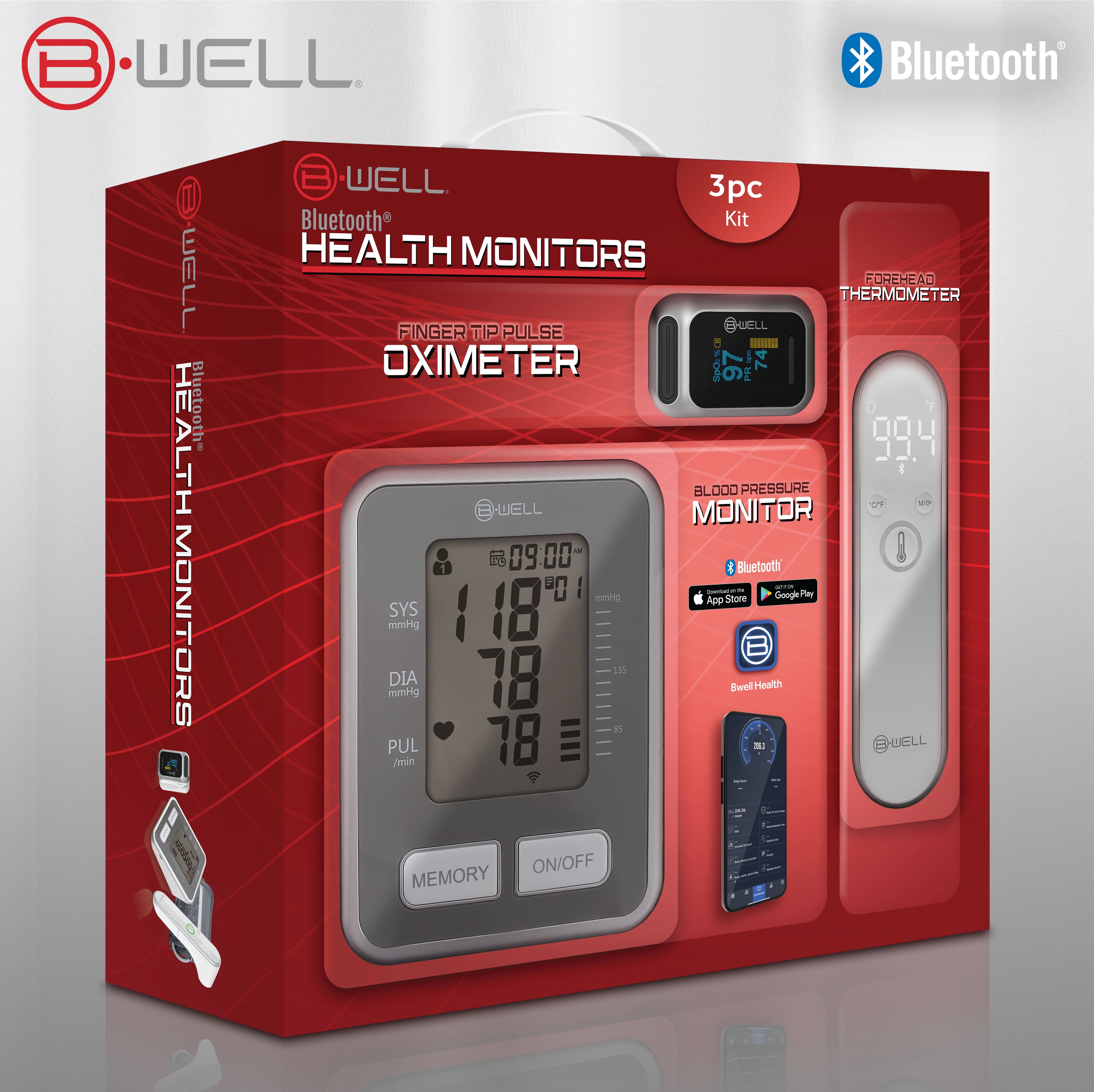 BWell Smart Health Monitors Set  Arm Blood Pressure Monitor, Pulse Oximeter & Forehead Thermometer