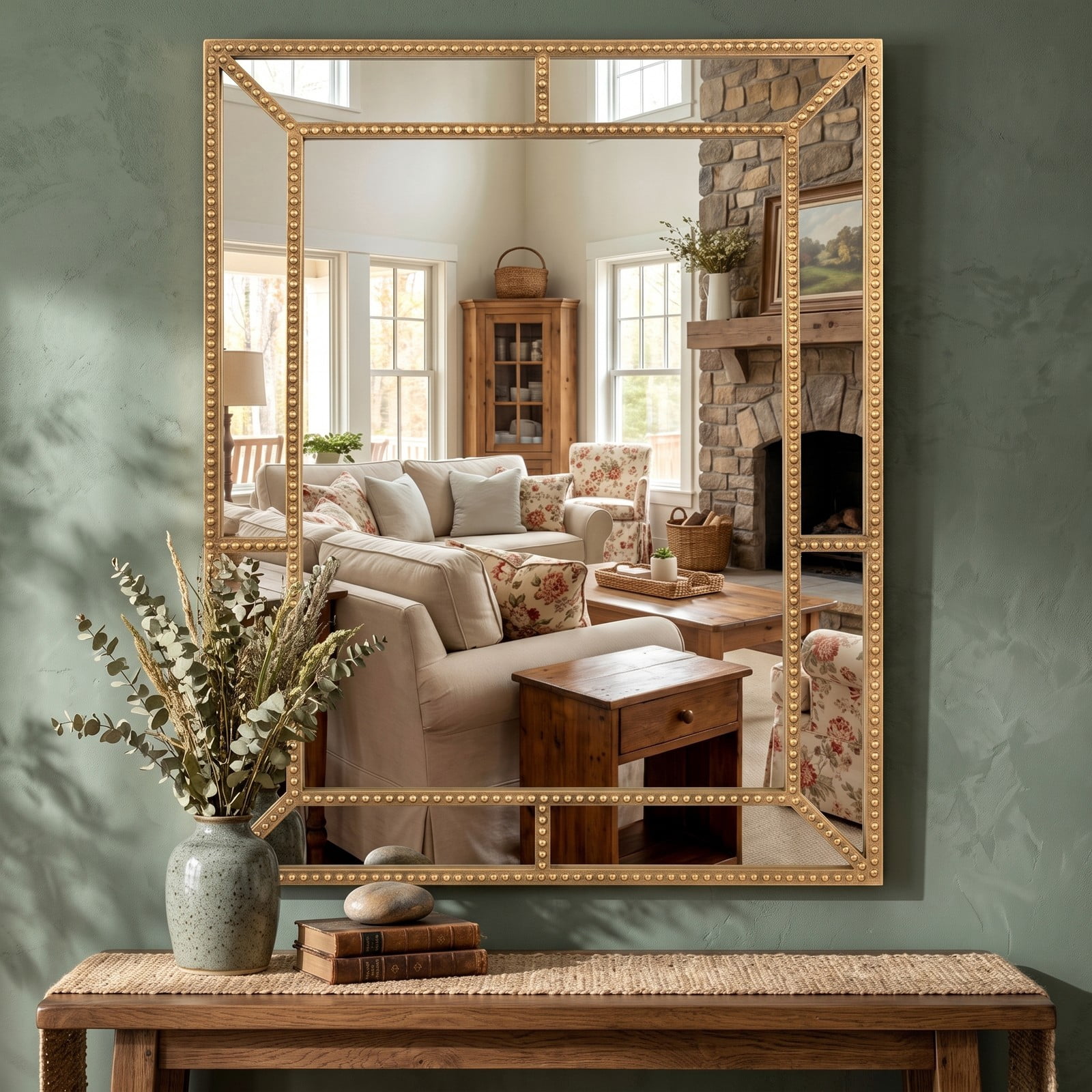 ALPULON 36 x 24 Inch Gold Wall Mirror with Beaded Metal Frame, Rectangular Vanity Mirror for Living Room Bedroom Entryway Bathroom Vertical or Horizontal Hanging, Gold