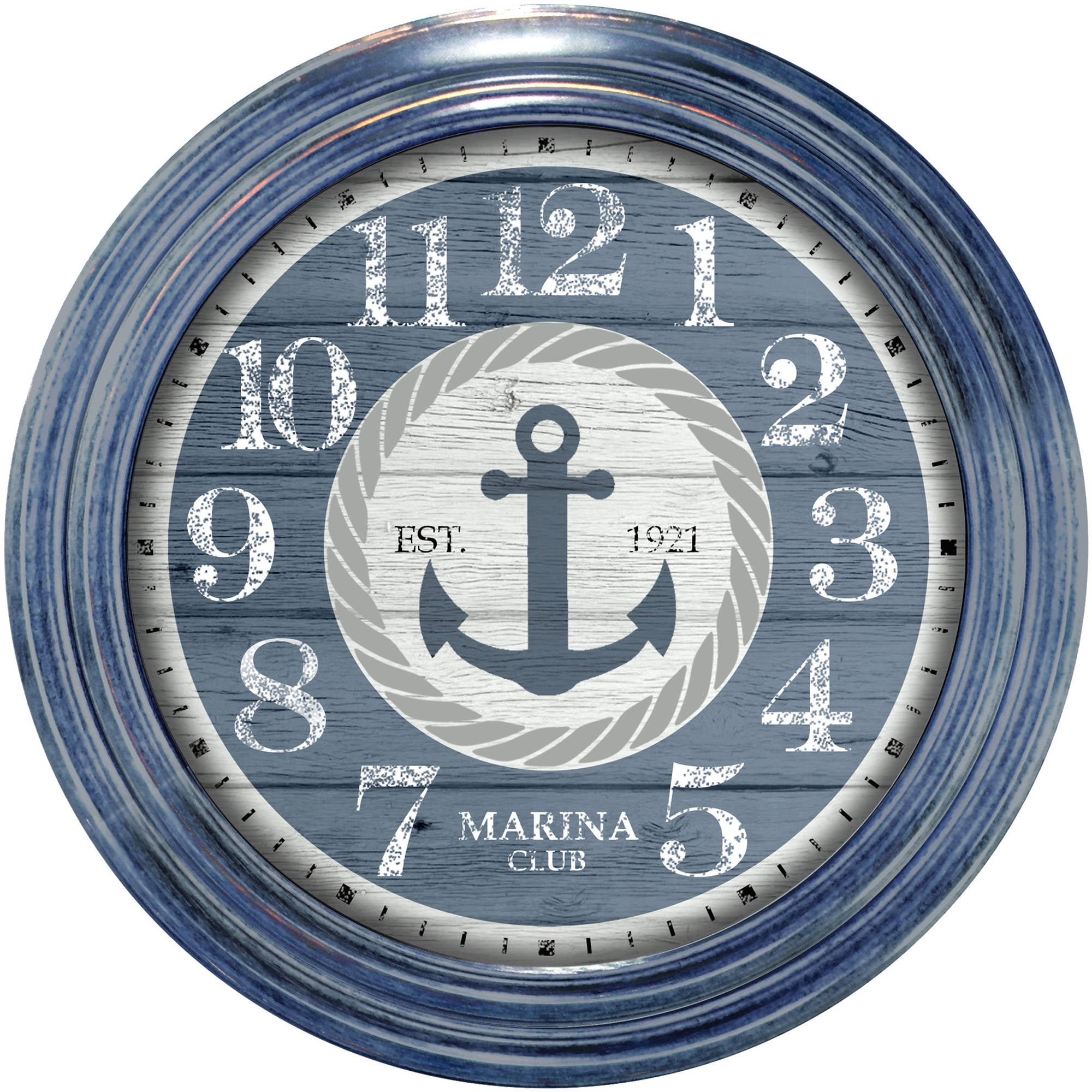 Round Quartz Analog Blue Distressed Nautical Metal Wall Clock