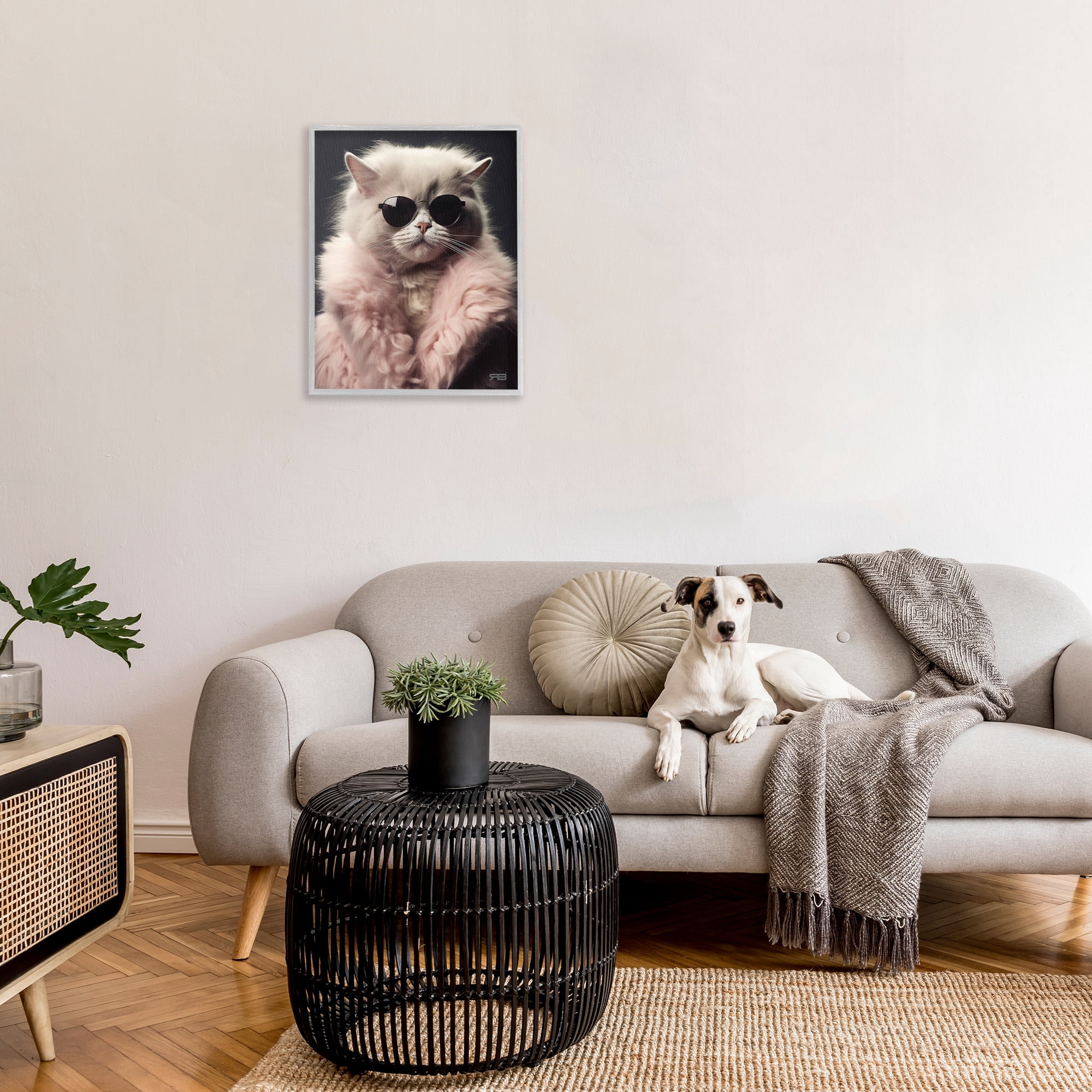 Stupell Industries Cat in Fur Jacket Animals & Insects Painting Gray Framed Art Print Wall Art, 24 x 30