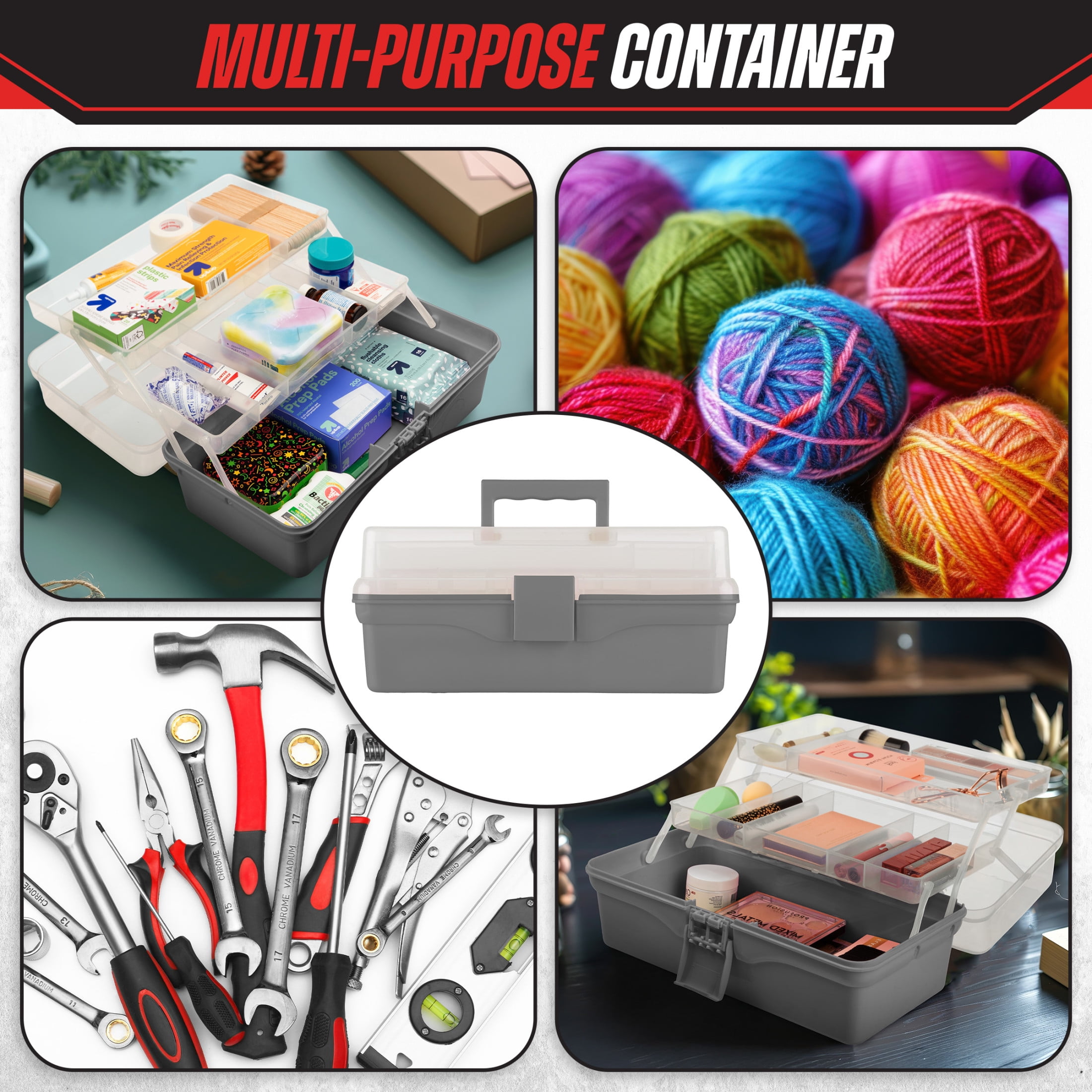Stalwart 14” Plastic Tackle Box Organizer - 3-Layer Portable Craft Storage Art Caddy, Gray