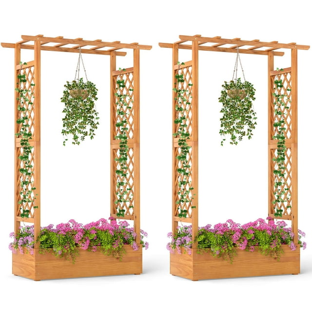 Costway 2 PCS 70" Wooden Raised Garden Bed with Lattice Trellis Hanging Roof Open-Ended Base