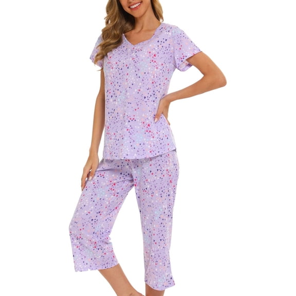 MLDRA Womens Pajama Sets 2 Piece Cotton Lounge Set Lightweight Pj Set Short Sleeve Tops With Capri Pants Cute Ladies Sleepwear Summer Set